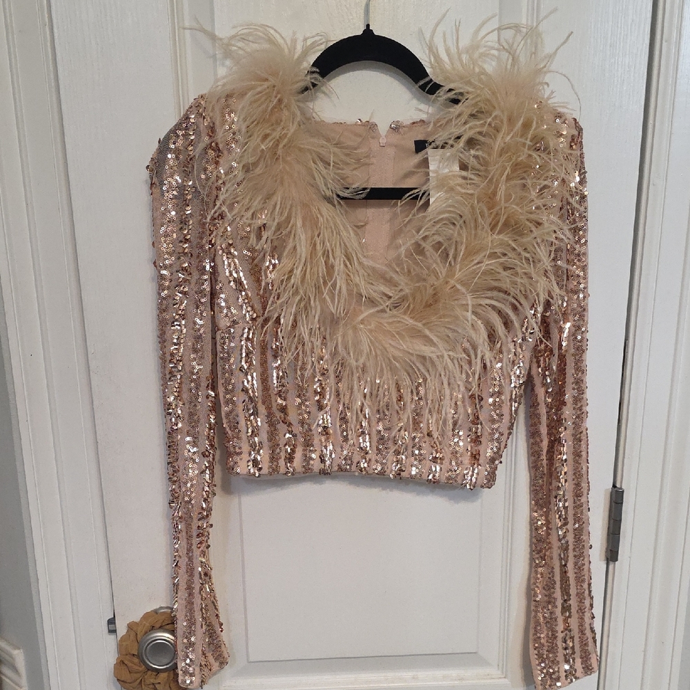 Banjul Rose Gold Sequin Feather Trim Crop Top